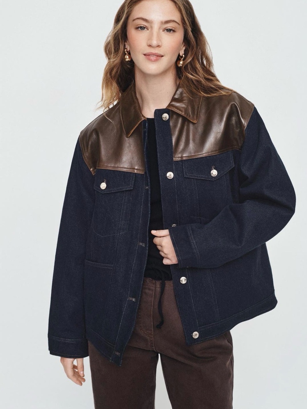 Sandro Navy Denim Jacket with Brown Leather Yoke